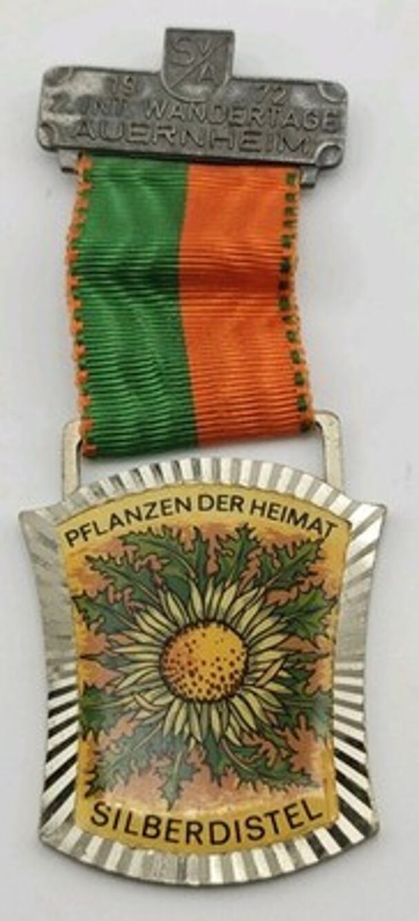 Vintage 1972 German Volksmarch Medal Auernheim Wandertage Hiking Ribbon Pin SV A